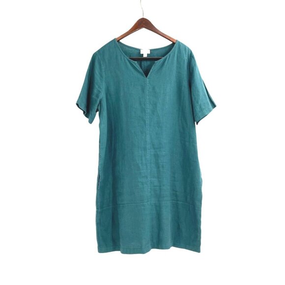 Pure Jill J. Jill Womens Large Petite Linen Dress Garment-Dyed V-Neck Green - Picture 1 of 9